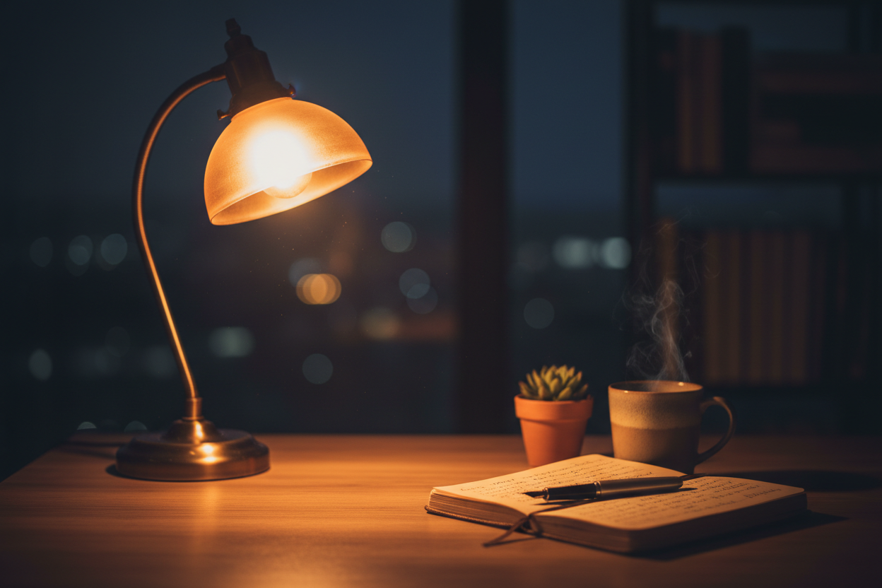 Desk at night with a warm lamp with real lighting lifestyle shots