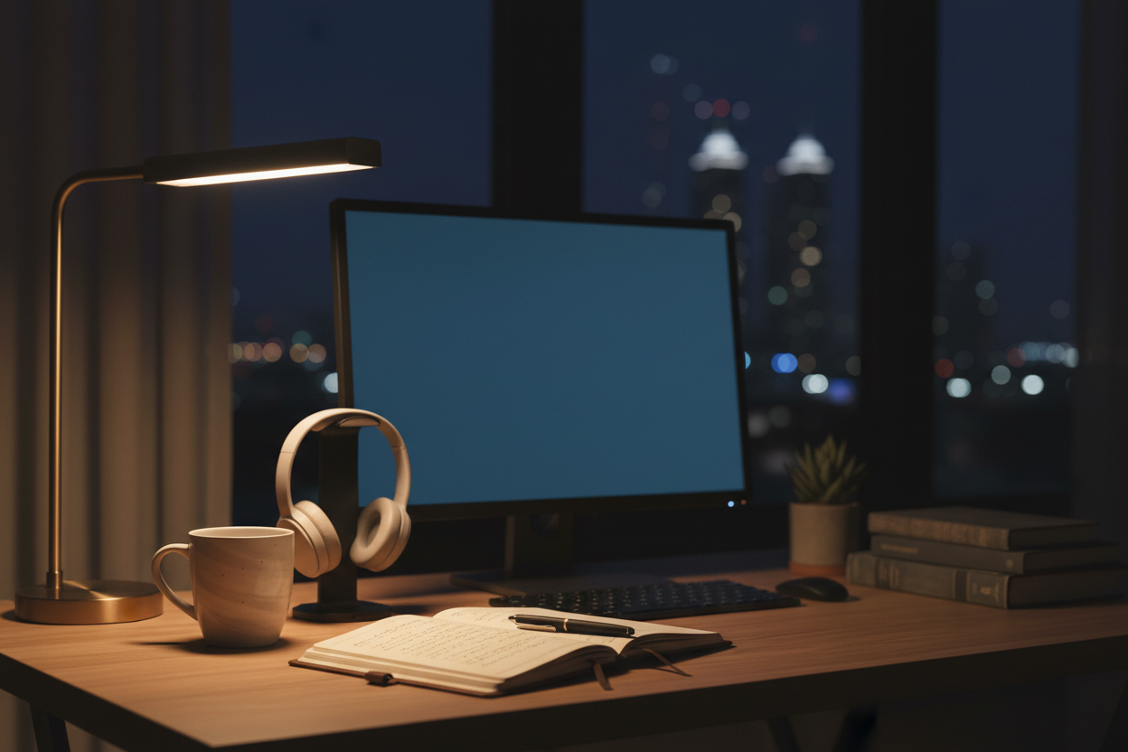 Desk at night with some real lighting lifestyle shots