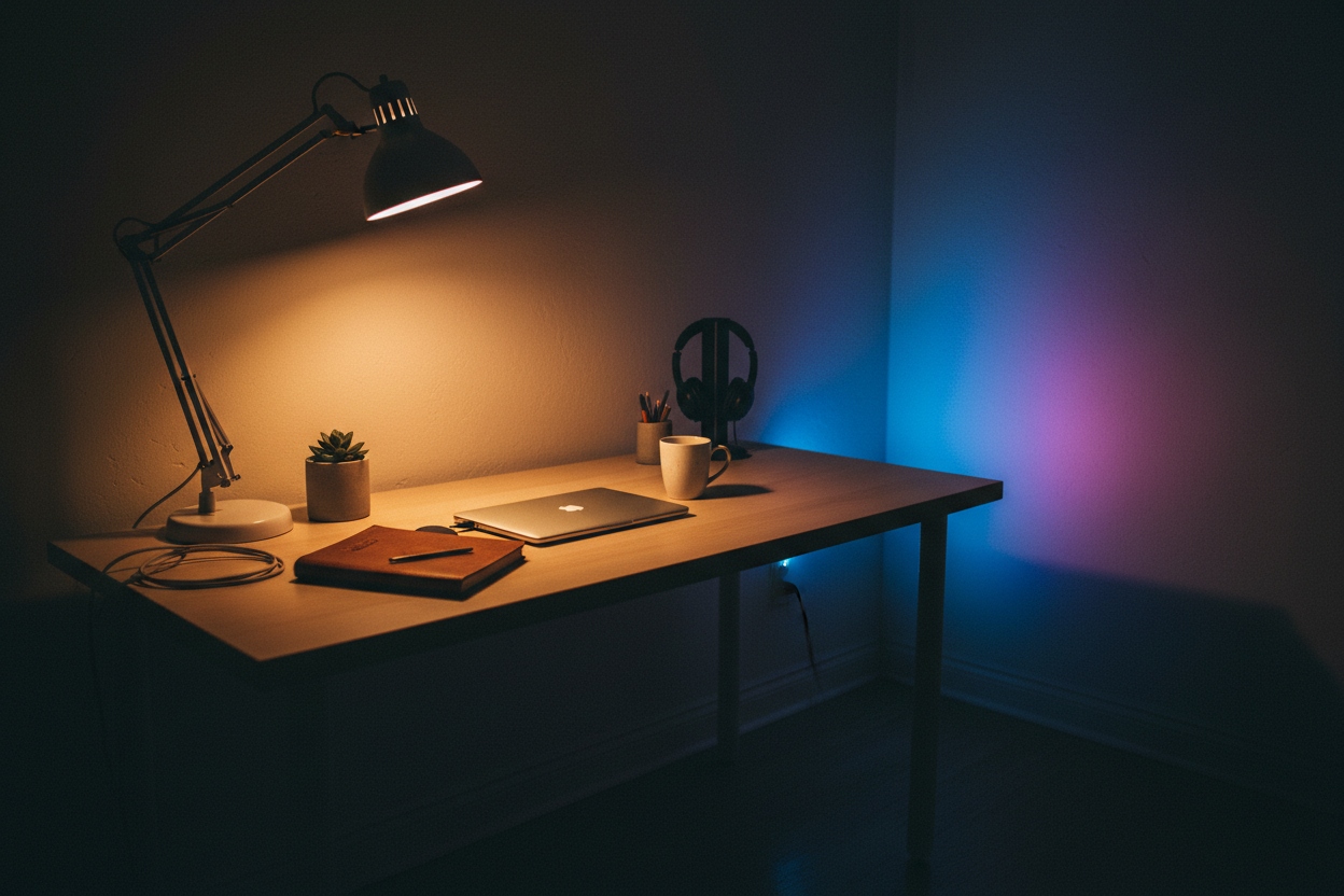 real lighting lifestyle shots (desk at night / warm lamp / RGB corner)